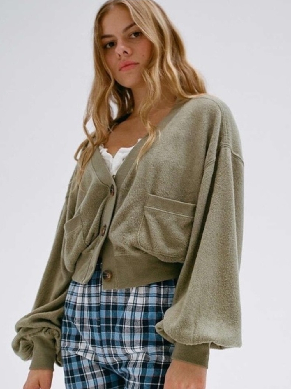 Urban Outfitters Olive Green Teddy Button-Front Jacket